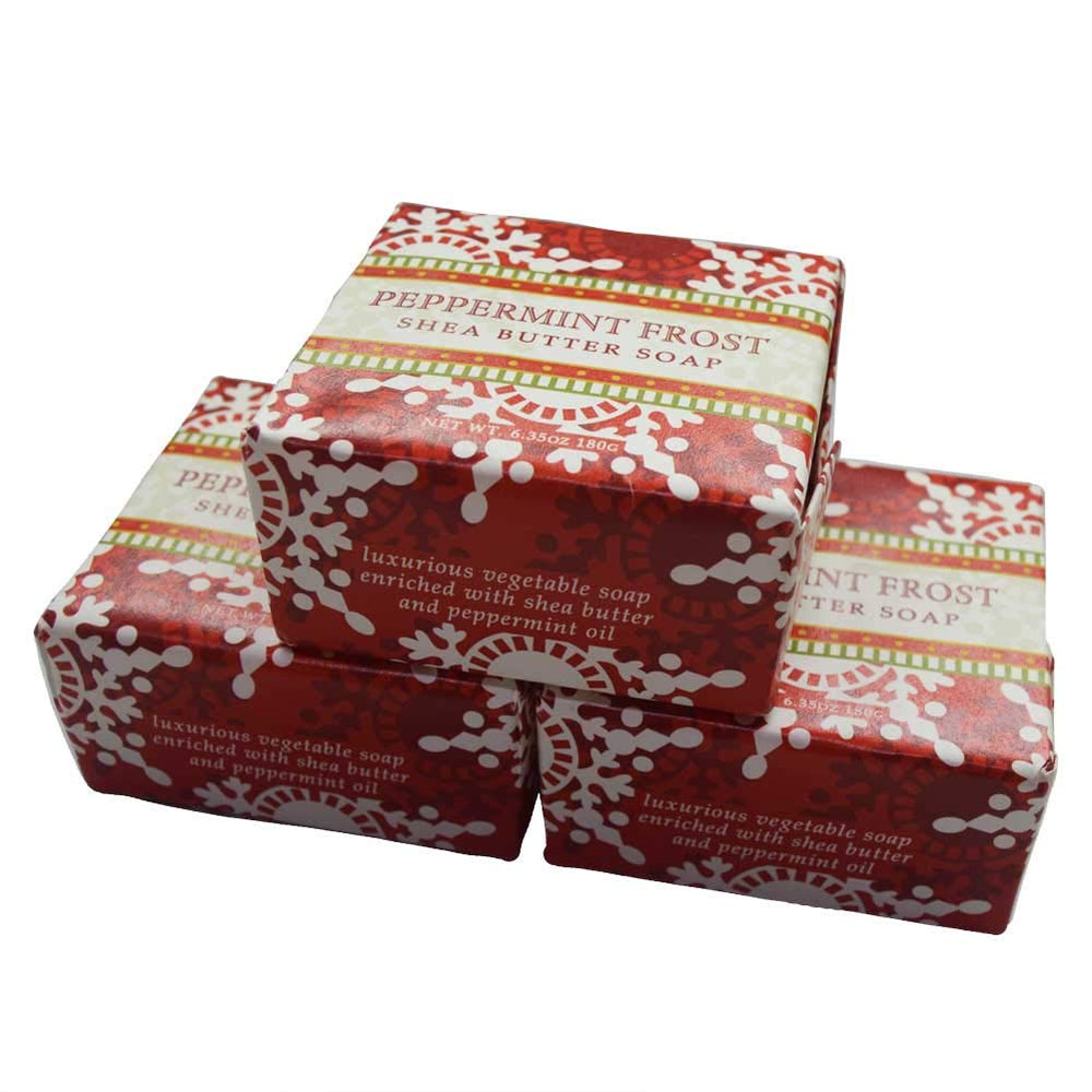 Close-up of Greenwich Bay Peppermint Frost bars highlighting peppermint aroma and creamy lather.