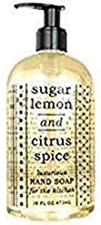 Greenwich Bay Sugar Lemon hand soap bottle in a kitchen setting, delivering a fresh scent.