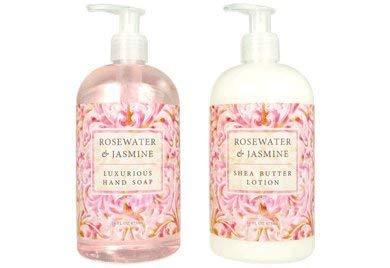 Greenwich Bay Trading Rosewater Jasmine bundle—hand soap and lotion for daily moisturizing and spa-inspired care.
