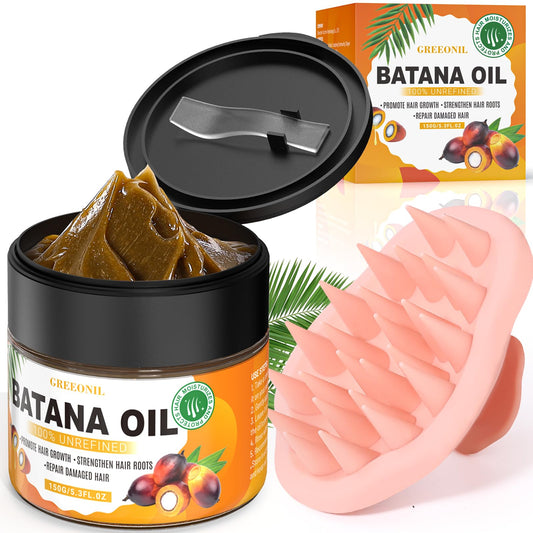 GREEONIL Batana Oil bottle close-up for nourishing hair care and frizz control.