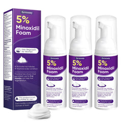 Greoay 5% Minoxidil foam bottle shown for hair support and easy daily use