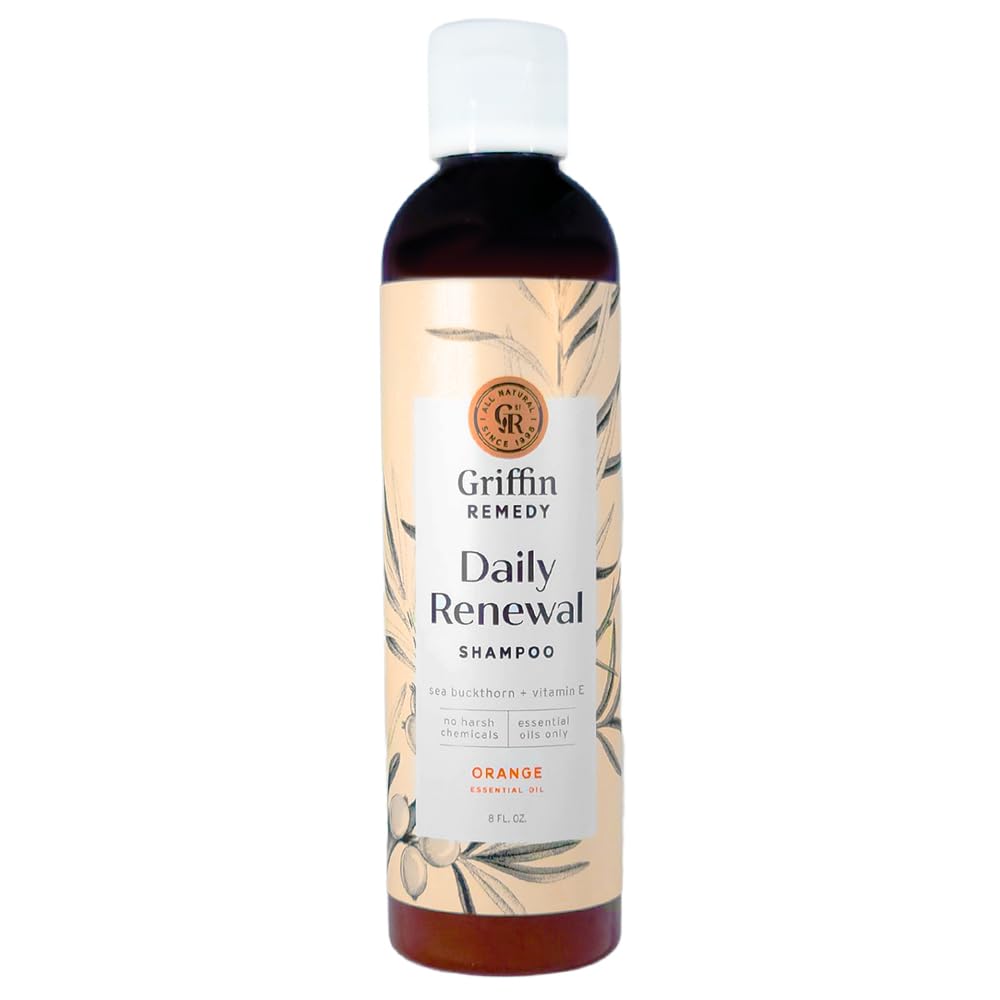 Griffin Remedy Daily Shampoo bottle pour showcasing natural oils for balanced scalp and soft hair