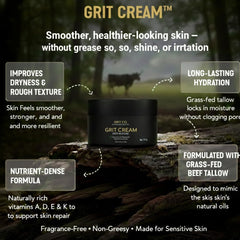 Texture close-up of GRIT CREAM; rich, non-greasy feel for all-day use.