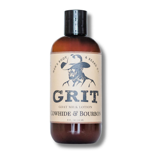 GRIT Goat Milk Lotion cowhide bourbon bottle provides non-greasy hydration for daily use.