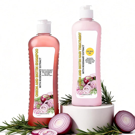 GROEI onion biotin shampoo bottle showing strengthening formula for healthy roots