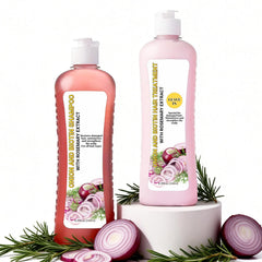 GROEI onion biotin shampoo bottle showing strengthening formula for healthy roots