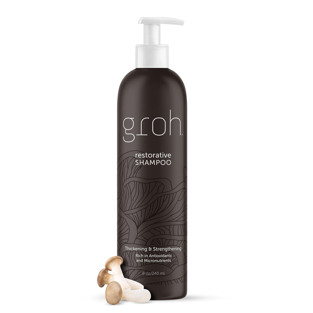 GROH Restorative Shampoo bottle front showing brand and clean design for daily use.