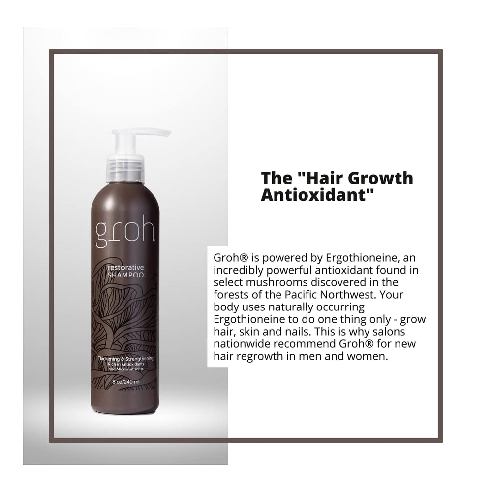 GROH Restorative Shampoo bottle label highlighting color-friendly, paraben-free formula.
