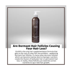 Rinsing water running through hair with GROH Restorative Shampoo.