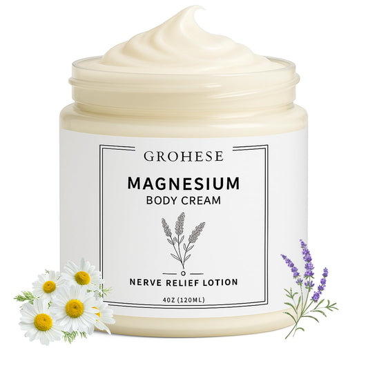 GROHESE Neuropathy Cream jar closeup shows the magnesium blend for soothing hydration