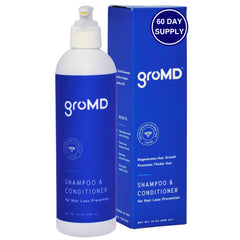 GroMD Biotin Shampoo bottle with rich lather showing cleansing action