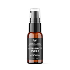 GROOM After Shave Toner bottle close-up showing calming post-shave action