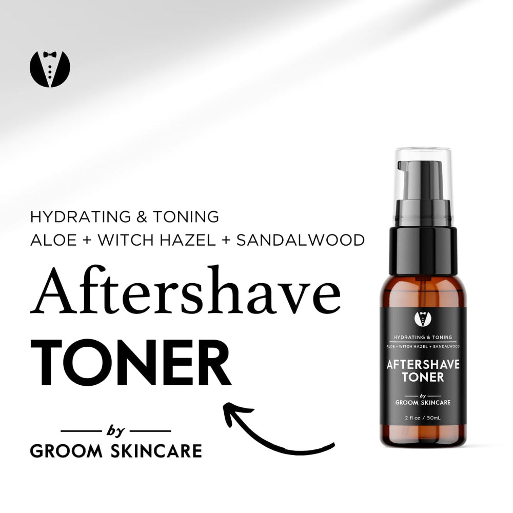 GROOM After Shave Toner pour application illustrating quick refresh after shaving