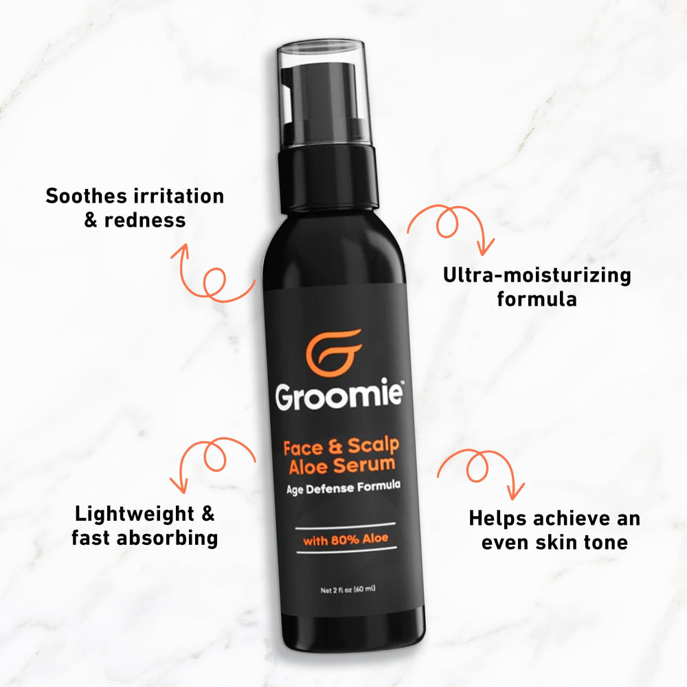 Groomie Face and Scalp Aloe Serum applied on skin for instant comfort.