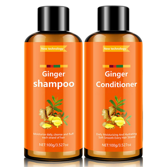 Grospe ginger shampoo bottle closeup showing ginger-infused care for nourished hair.