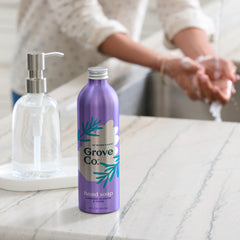 Close-up of Lavender Blossom Thyme fragrance notes in Grove Co hand soap.