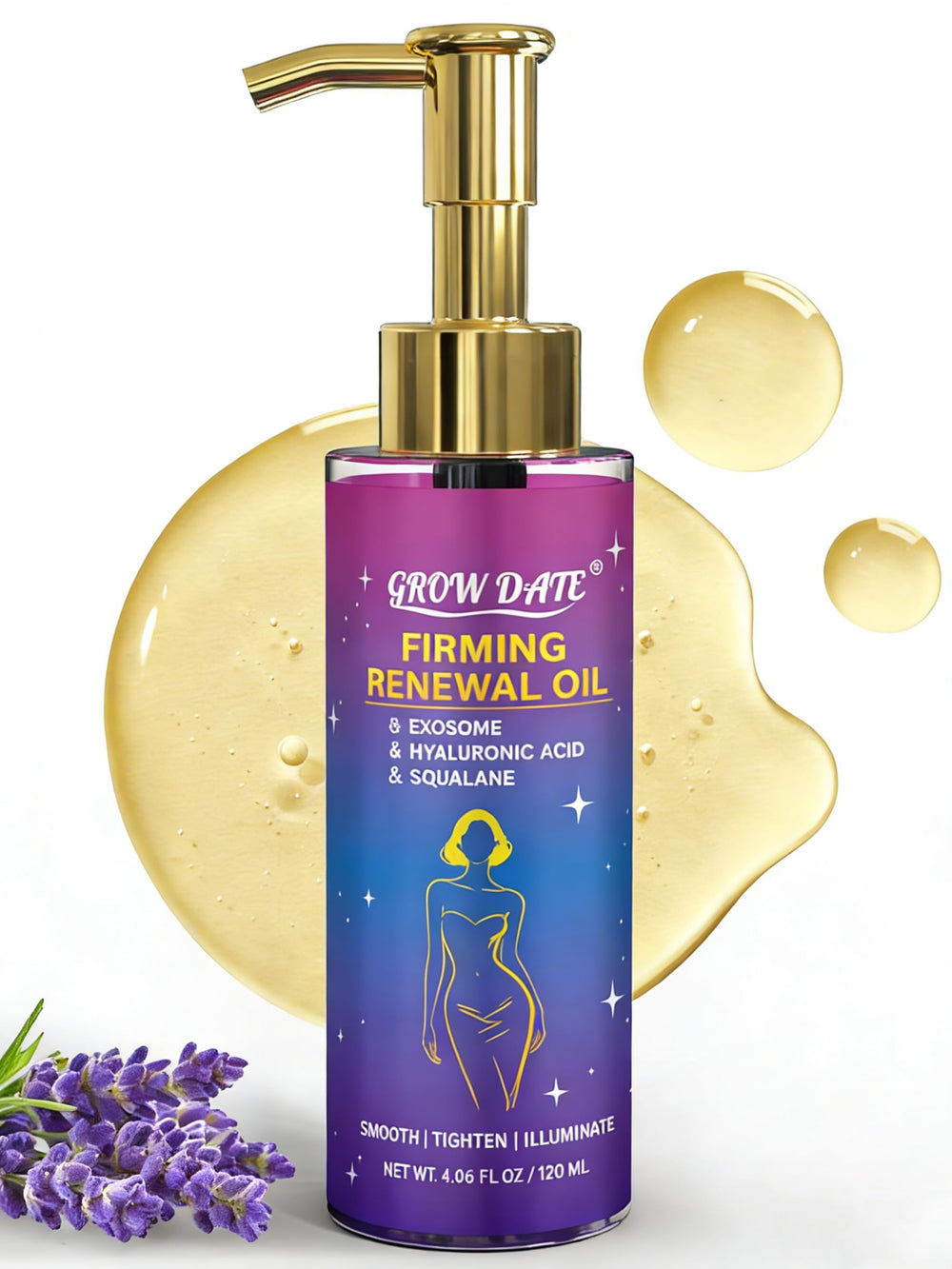 GROW DATE Body Firming Oil bottle close-up showing lavender formula for nourished skin.