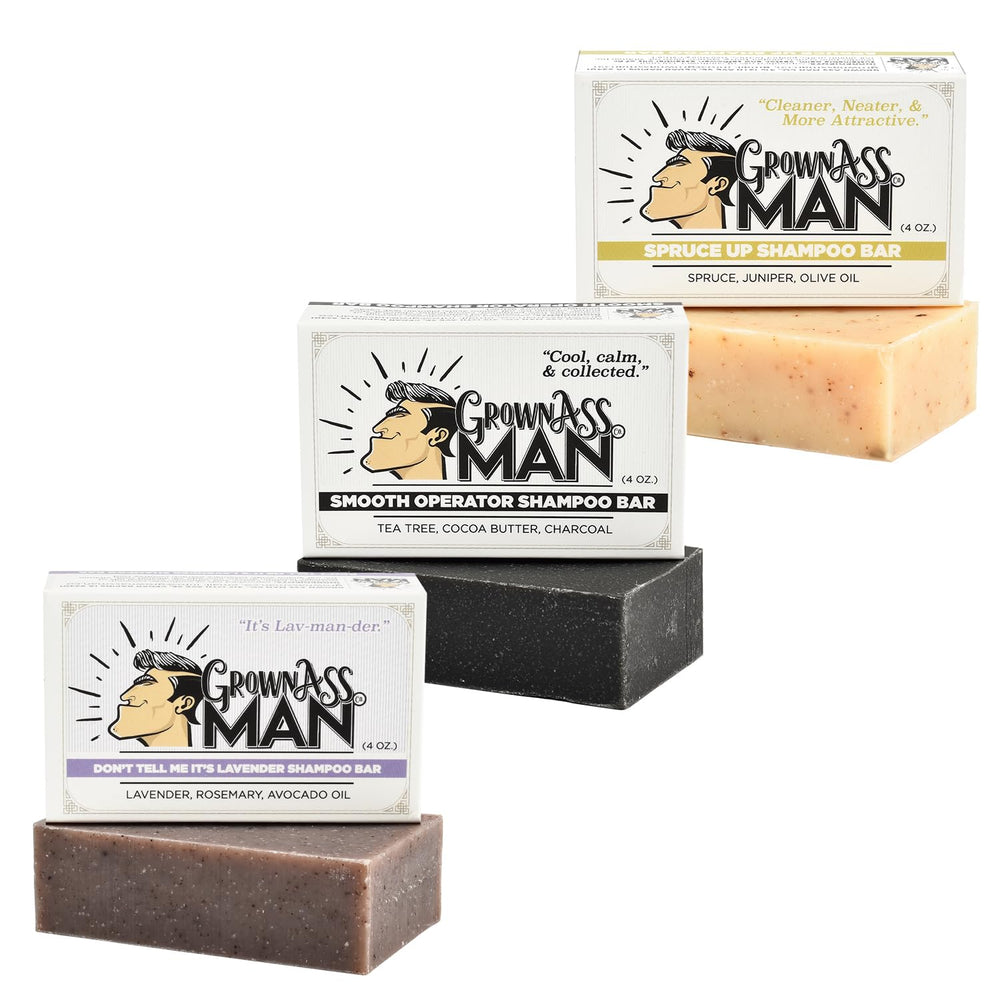 Grown Ass Man Co. solid shampoo bar with rich lather for hair, beard, and body