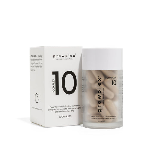 Growplex Complex10 hair capsules in bottle promote daily nourishment for healthier hair