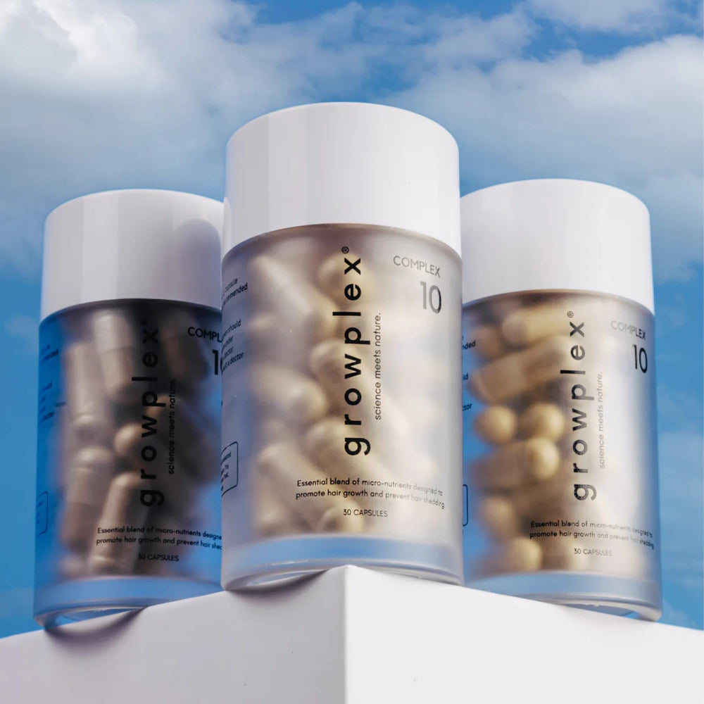 Growplex Complex10 healthy hair visual implies vitality and potential support