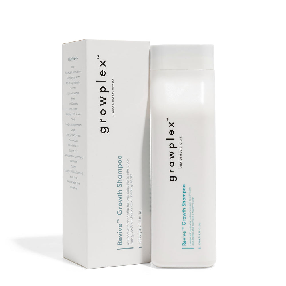 Growplex Revive Shampoo bottle close-up highlighting sulfate-free daily-use formula for scalp refresh.