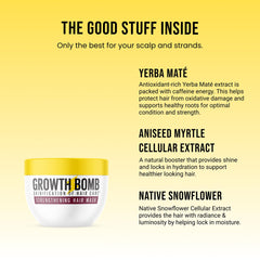 Jar of GROWTH BOMB Strengthening Hair Mask highlighting rich conditioning