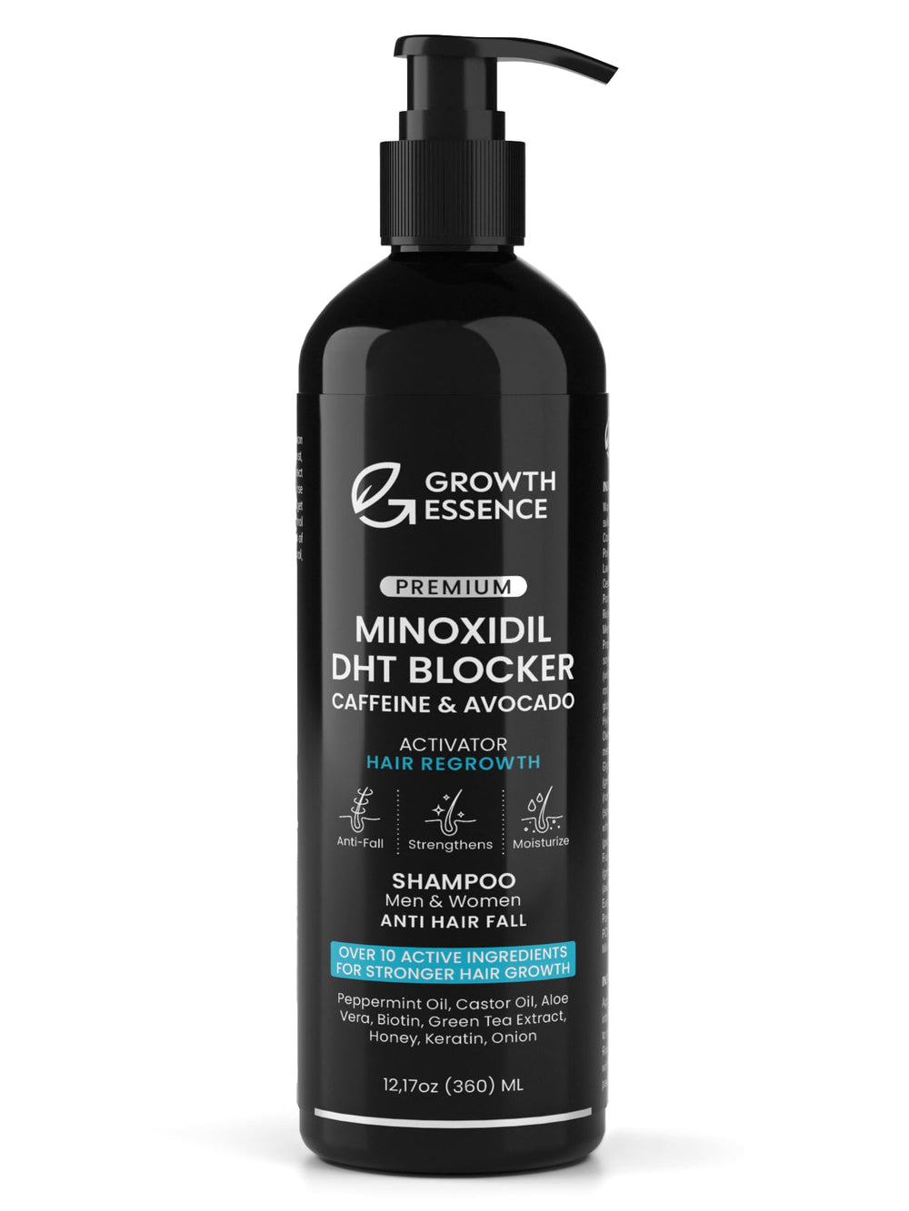 Growth Essence Minoxidil Biotin Shampoo bottle closeup for daily scalp nourishment