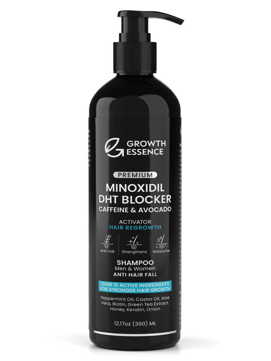 Growth Essence Minoxidil Biotin Shampoo bottle closeup for daily scalp nourishment