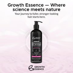 Growth Essence Minoxidil Shampoo bottle on vanity suggests a routine for healthier-looking strands.