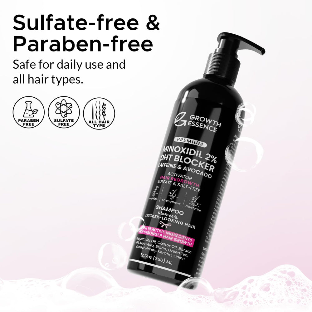 Growth Essence Minoxidil Shampoo rich foam highlights smoothness and natural shine after washing.