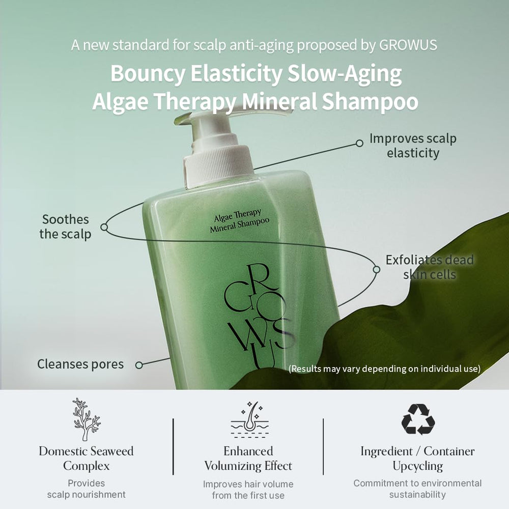 GROWUS Algae Therapy Shampoo bottle back with ingredients, ideal for daily scalp cleansing.