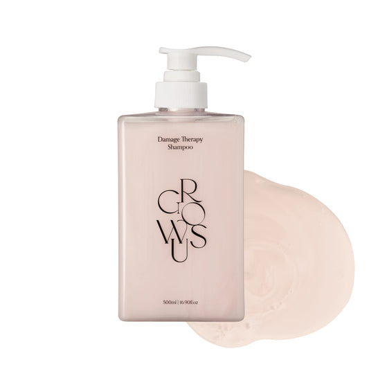 GROWUS Damage Therapy Shampoo bottle highlights nourishing formula for frizzy hair