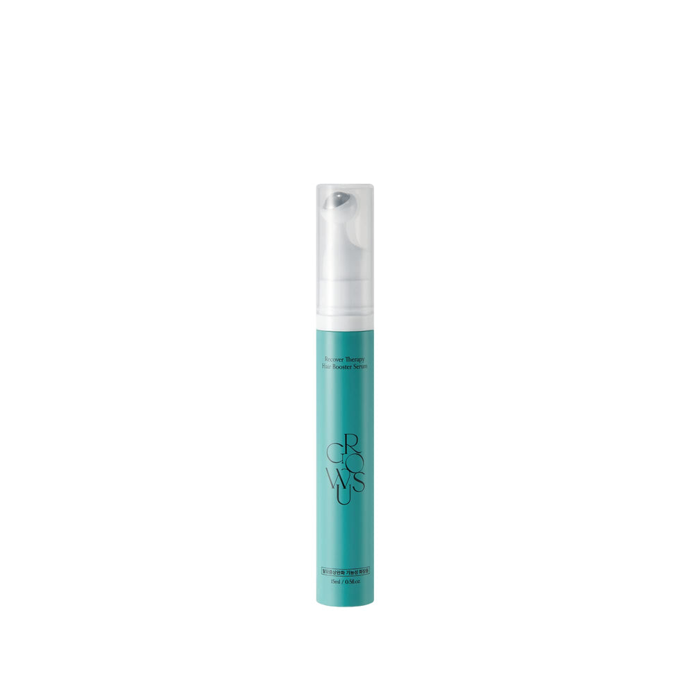 Growus Recover Therapy Booster Serum bottle highlights a lightweight solution for fuller-looking hair.