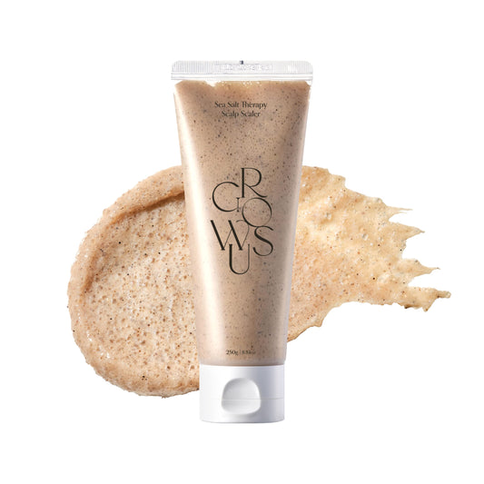 GROWUS Sea Salt Therapy Scalp Scaler bottle shows clean packaging for deep scalp cleansing.