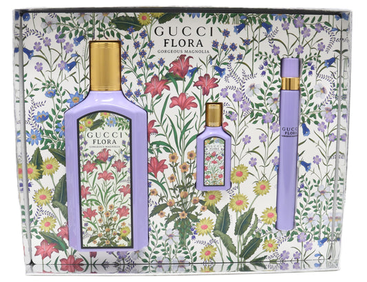 Gucci Flora Gorgeous Magnolia 100ml EDP bottle in premium hard box, ideal for gifting.