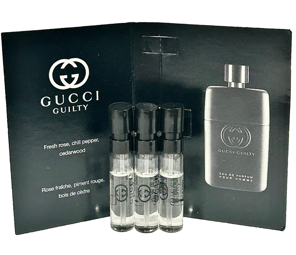 Gucci Guilty parfum sample packaging highlights compact, travel-friendly design.