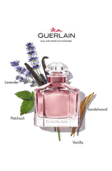 Guerlain Mon Eau de Parfum Intense woody base close-up emphasizing patchouli and sandalwood.