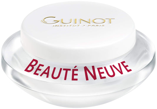 Guinot Beaute Neuve radiance cream jar close-up, showcasing smooth texture and brightening potential.