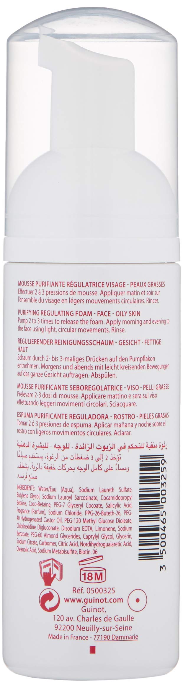Guinot Microbiotic Cleansing Foam close-up showing foam texture for a shine-free complexion.