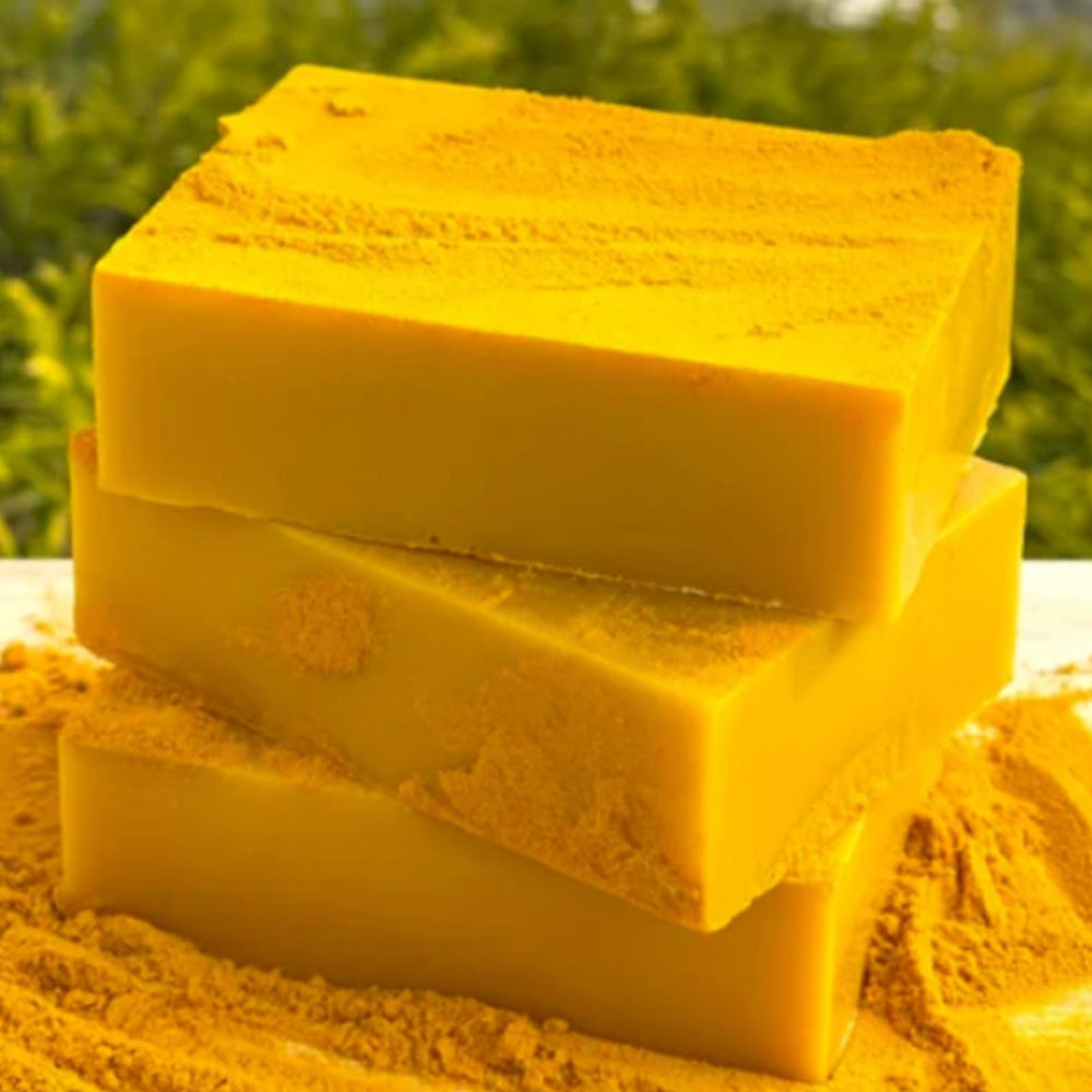 Guluxly Lemon Turmeric Soap closeup highlights vibrant texture ideal for gentle cleansing.