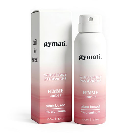 Gymati natural deodorant bottle shows aluminum-free protection for daily use.