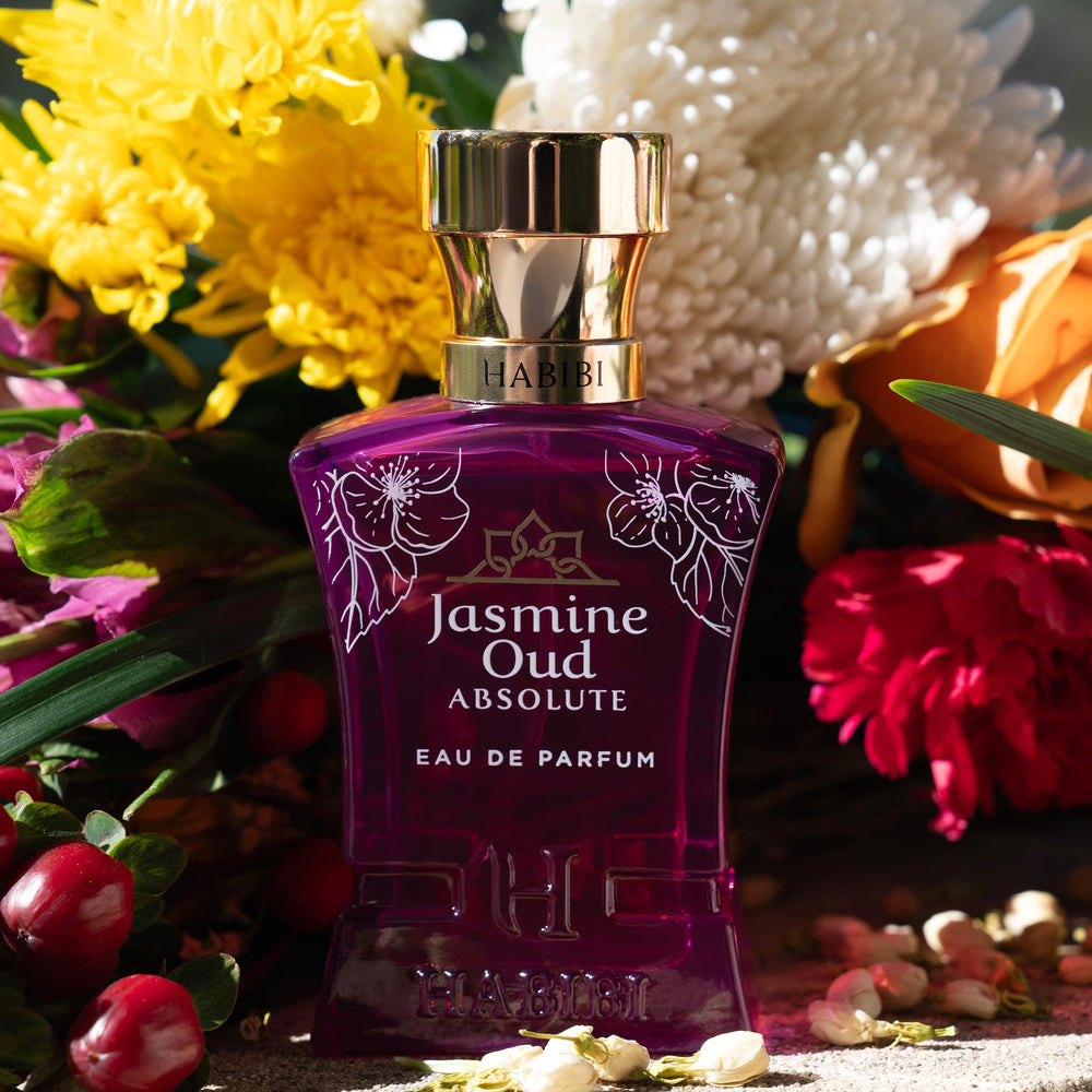 H HABIBI Jasmine Oud Absolute label close conveys elegant branding and authentic fragrance.