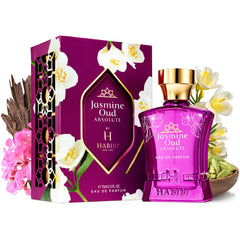 H HABIBI Jasmine Oud Absolute perfume slip reveals elegant packaging details.