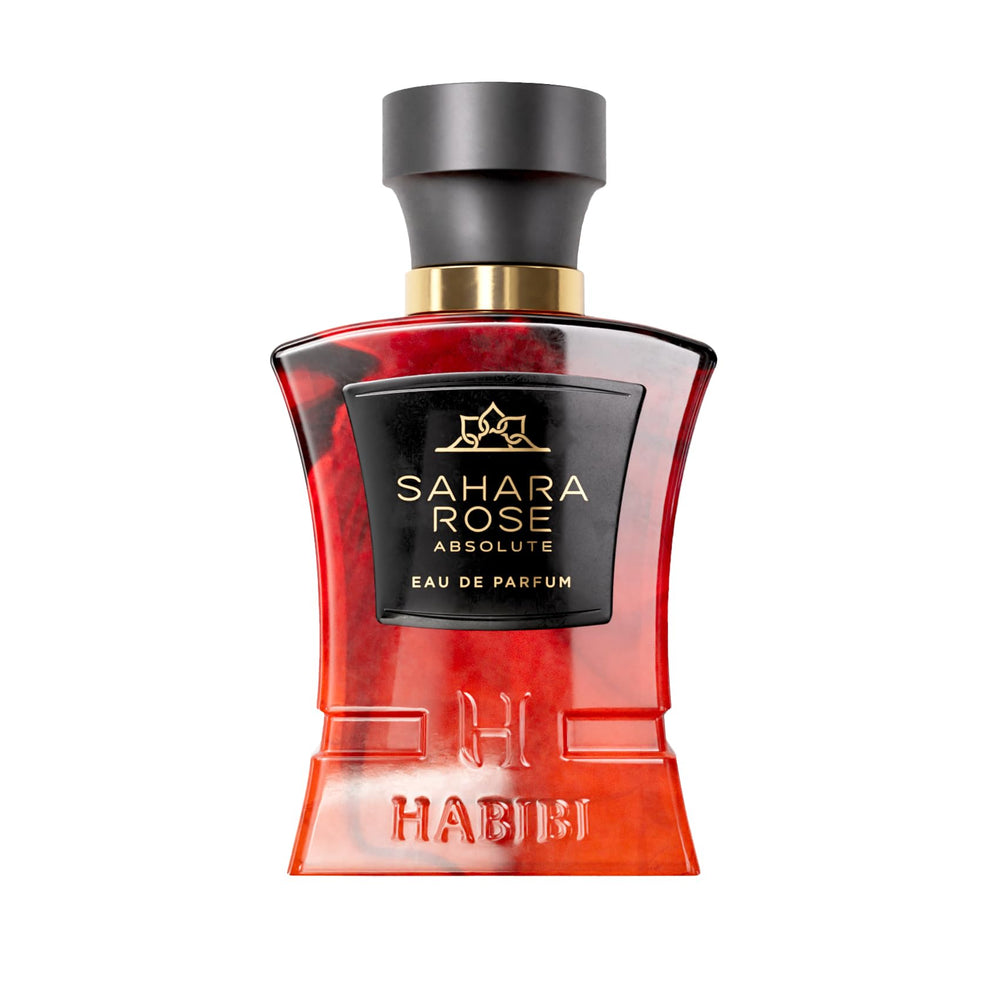 H HABIBI Sahara Rose bottle closeup shows premium design and lasting scent.