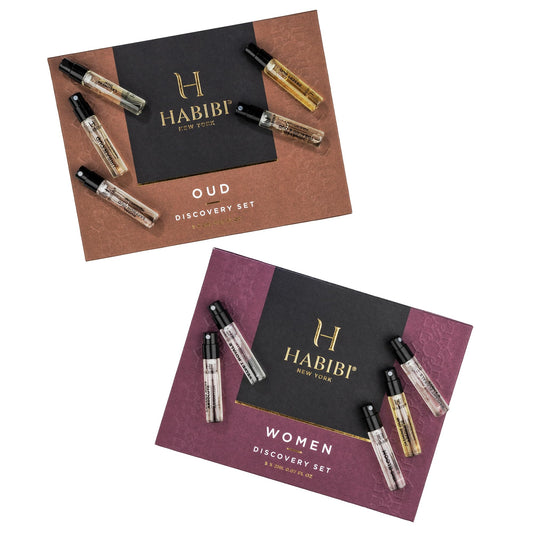 H HABIBI Women’s & Oud discovery packaging opened showing testing-friendly 2 ml vials.
