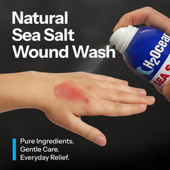 H2Ocean Healing Ocean Sea Salt Wound Spray label close-up shows natural ingredients for safe wound care.