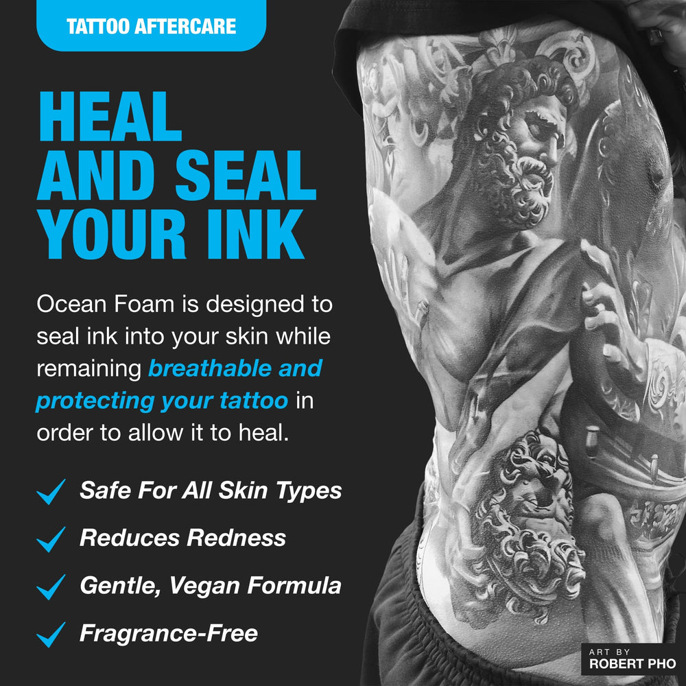 Applying H2Ocean Ocean Foam foam to skin for gentle tattoo care.
