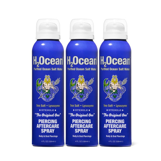 H2Ocean piercing aftercare spray bottle with 360-degree application for easy, touch-free use.