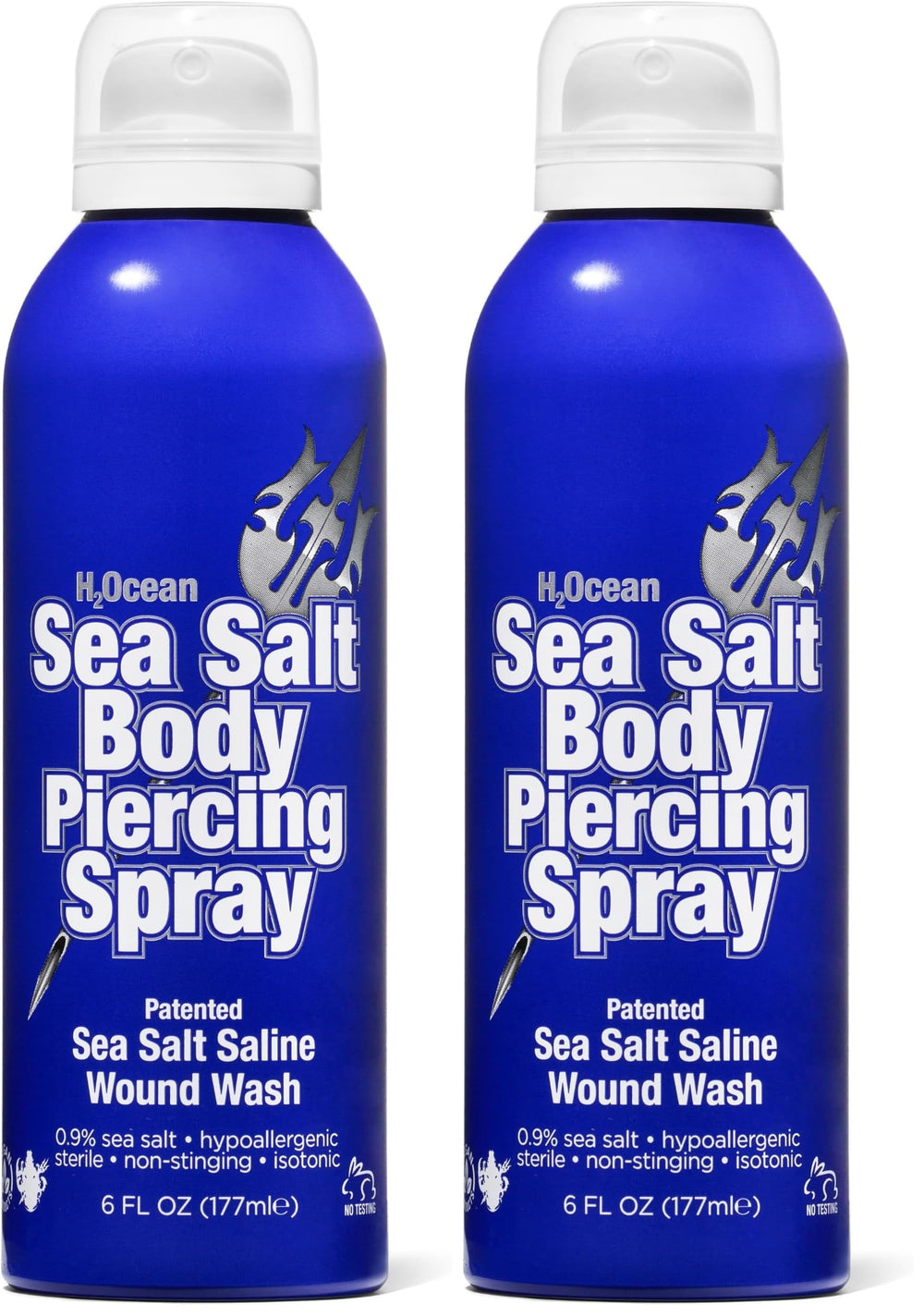 H2Ocean sea salt body piercing spray bottle front view for piercing aftercare.