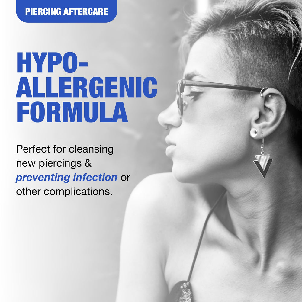 Dispensing spray from bottle, ideal for cleansing fresh piercings.